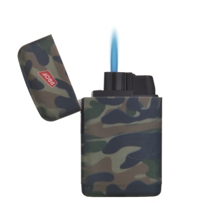 Isqueiro camuflado com chama azul e tampa aberta