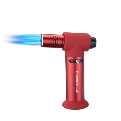 Isqueiro maçarico vermelho com chama azul e texto CHAMP:HIGH