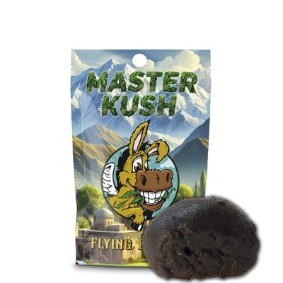Embalagem MASTER KUSH com caricatura de burro e bloco escuro de resina