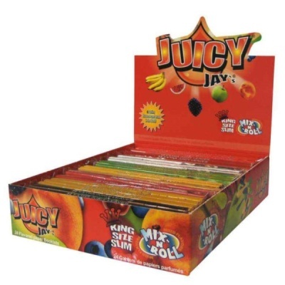 Caixa colorida de papel para enrolar JUICY JAYS com imagens de frutas.