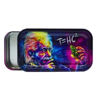 Tabuleiro metálico com imagem colorida de Einstein e fórmula T=HC²