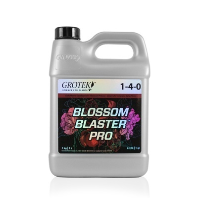 Recipiente plástico cinzento com rótulo preto e colorido de fertilizante Grotek Blossom Blaster Pro