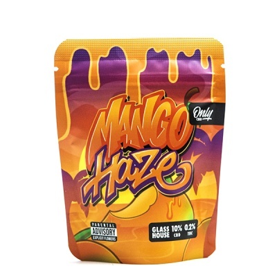 Embalagem de plástico colorida com texto Mango Haze e informações CBD e THC