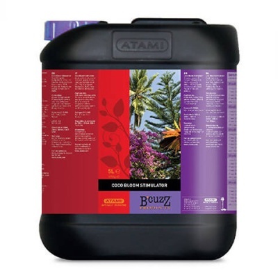 Recipiente plástico preto 5L com rótulo colorido e texto COCO BLOOM STIMULATOR