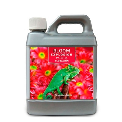 Frasco cinzento com etiqueta colorida de flores vermelhas e camaleão verde para produto Bloom Explosion