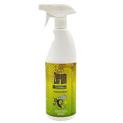 Frasco branco de spray repelente Zerum Citronela com rótulo verde e amarelo