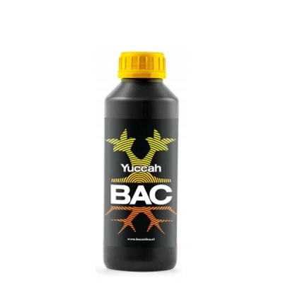Frasco preto com tampa amarela e rótulo Yuccah BAC e figuras coloridas.