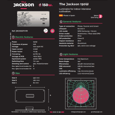 Luminário para cultivo The Jackson 150W com especificações técnicas em português