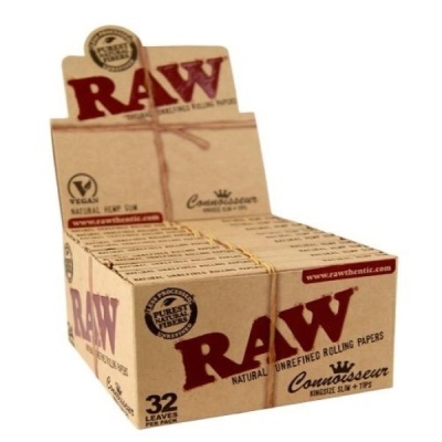 Caixa de papel de enrolar RAW Natural Unrefined Rolling Papers castanho claro com texto vermelho e preto