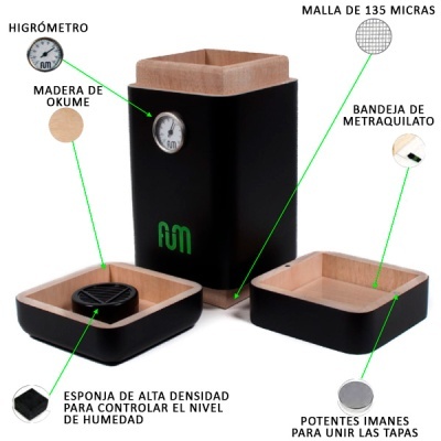 Conjunto de recipientes em madeira preta com interior natural, higrómetro e acessórios para controle de humidade.