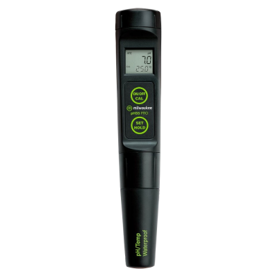 Medidor digital de pH e temperatura preto com visor e botões verdes