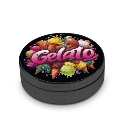 Embalagem preta redonda com tampa ilustrada colorida de gelados e texto Gelato