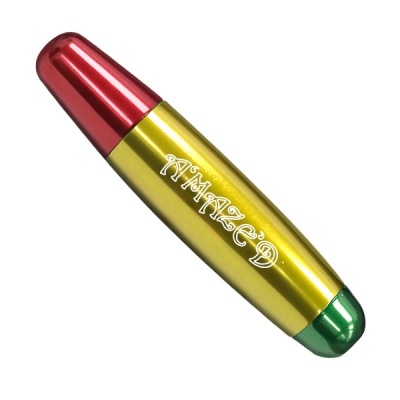 Dispositivo portátil dourado com tampas vermelha e verde e texto AMAZED