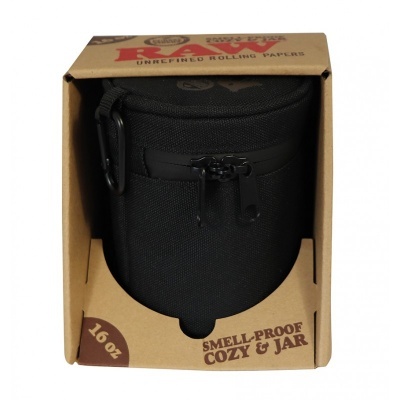 frasco preto em embalagem de cartão com texto 'SMELL-PROOF COZY & JAR'