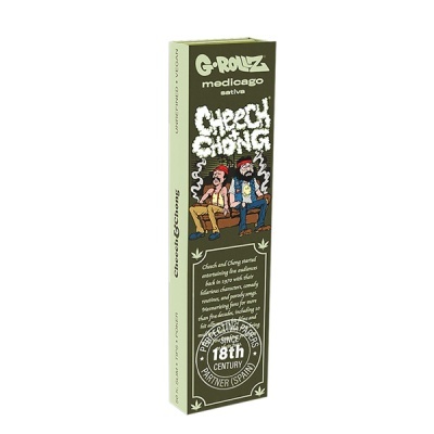 Embalagem verde-oliva G-Rollz Cheech & Chong com ilustração de personagens e texto em branco