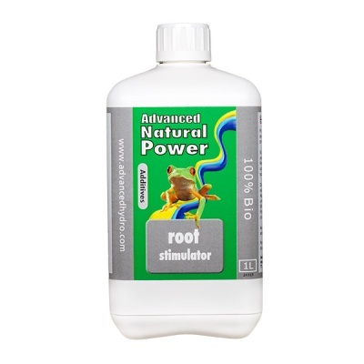 Frasco branco de aditivo para raízes com rótulo verde e rã colorida