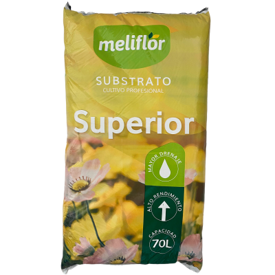 Saco amarelo de substrato Meliflor com flores cor-de-rosa e texto em português.