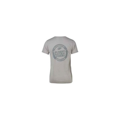 T-shirt cinza claro com estampado azul-escuro nas costas