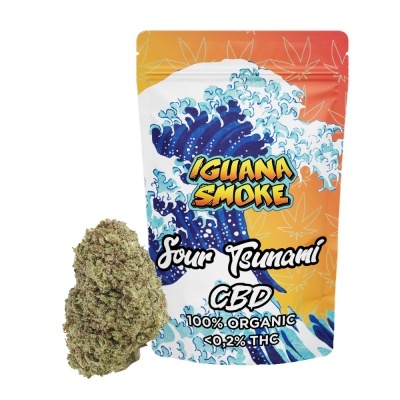 Embalagem colorida de produto CBD com ramo seco de cannabis