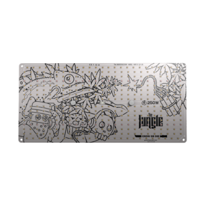 Painel LED de cultivo branco com design gráfico preto e texto impresso