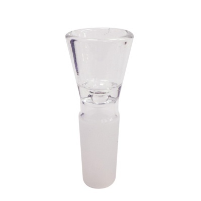 Peça de vidro transparente com encaixe cónico fosco e topo liso brilhante.