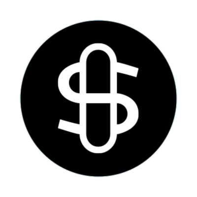 Logótipo circular preto com símbolos brancos