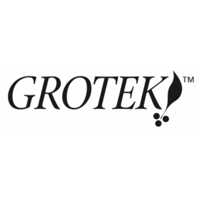 Logótipo preto GROTEK em fundo branco com folha e círculos na letra K