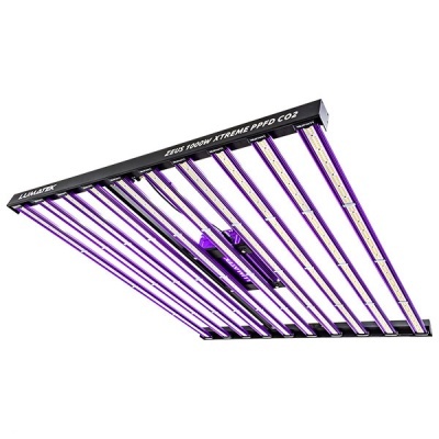 Luminária LED de cultivo preta com luz violeta e texto ZEUS 1000W XTREME PPFD CO2