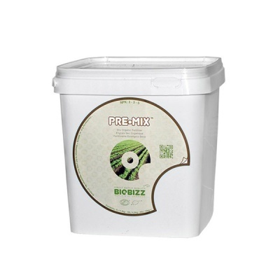 Embalagem branca de fertilizante BIOBIZZ PRE-MIX com rótulo circular