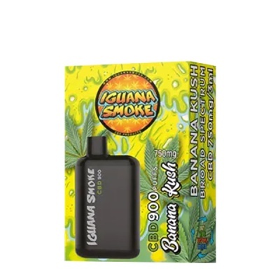 Embalagem amarela do vape Iguana Smoke Banana Kush com folhas de cannabis e frasco preto