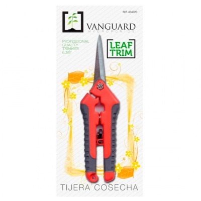 Tesoura de colheita Vanguard Hydroponics com pega vermelha e preta em embalagem decorativa