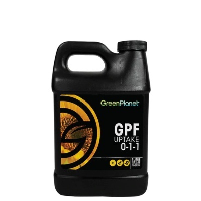 Recipiente plástico preto de 1 litro com rótulo GreenPlanet GPF Uptake 0-1-1