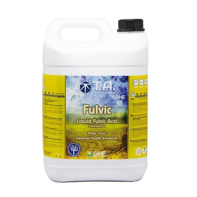 recipiente branco de ácido fúlvico líquido com rótulo amarelo e azul