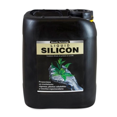 Recipiente preto de plástico com rótulo Growth Technology LIQUID SILICON e imagem de mão metálica segurando planta