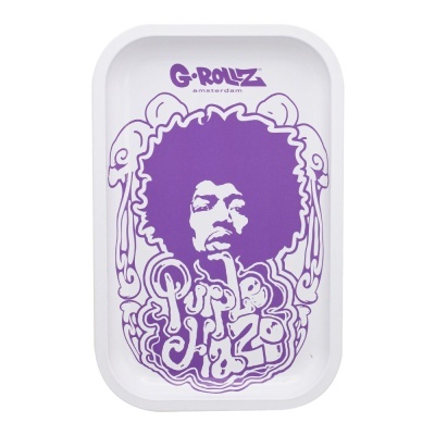 Tabuleiro branco com design roxo de um homem afro e texto Purple Haze