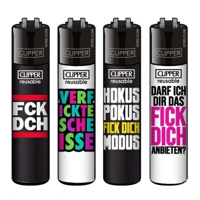 Conjunto de quatro isqueiros CLIPPER reutilizáveis com textos em várias cores