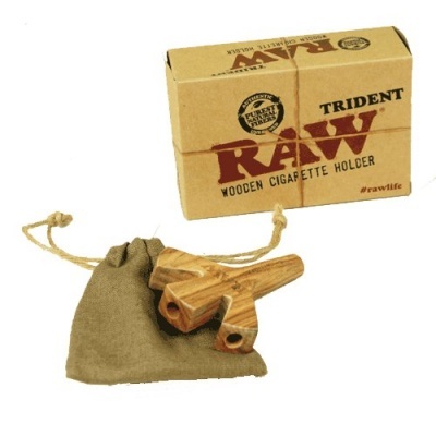 Porta-cigarros RAW Trident em madeira com embalagem de cartão e saco tecido castanho