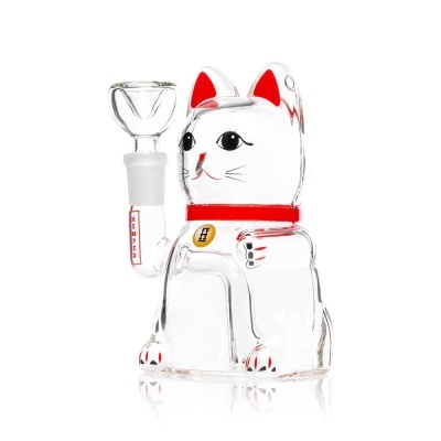 Figura de gato em vidro transparente com objecto com texto HEMPER