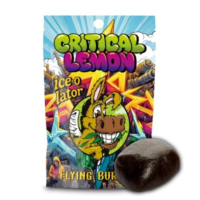 Embalagem colorida com desenho de burro e texto CRITICAL LEMON, ice-o-lator e FLYING BUR com pedaço escuro do produto ao lado.