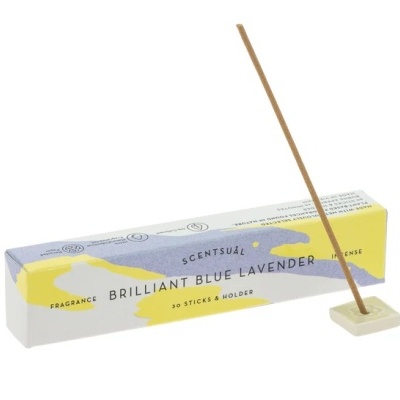 Caixa de incenso BRILLIANT BLUE LAVENDER com suporte e incenso aceso