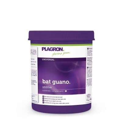 Embalagem branca e roxa do aditivo bat guano da PLAGRON com tampa roxa