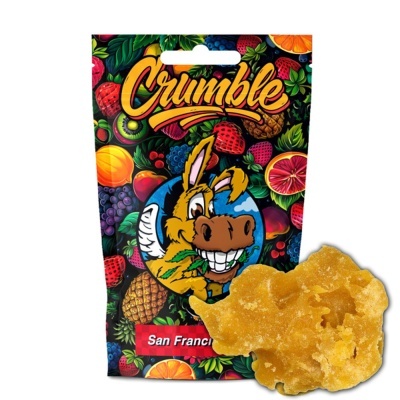 Pacote colorido com desenho de burro e frutas, texto Crumble e San Francisco, e pedaço amarelo sólido