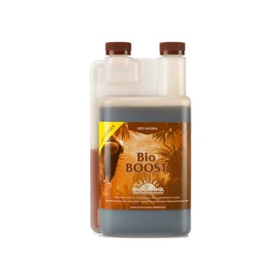 Frasco plástico translúcido com líquido castanho e rótulo castanho Bio BOOST
