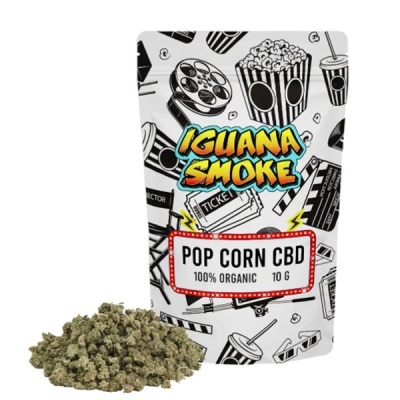 Pacote branco com desenhos de cinema e texto IGUANA SMOKE, POP CORN CBD 100% ORGANIC 10 G e flores secas verdes ao lado