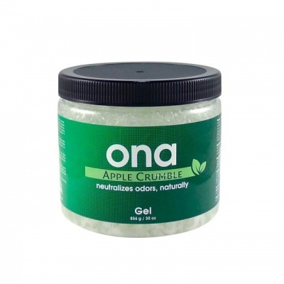 Frasco de gel para odor 'ona APPLE CRUMBLE' com rótulo verde e tampa preta