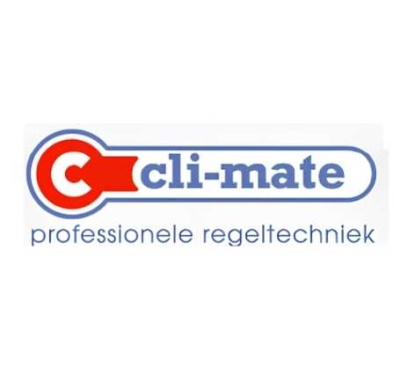 Logótipo da marca cli-mate com texto em vermelho e azul