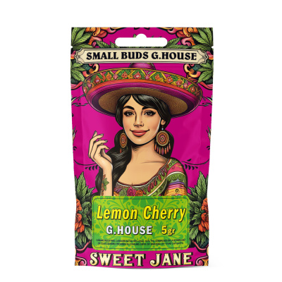 Embalagem rosa com mulher de chapéu e texto Lemon Cherry