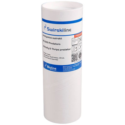 Embalagem branca cilíndrica do produto Swirskiline contendo texto e instruções em azul e preto
