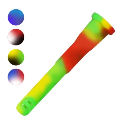Objeto tubular colorido em vermelho, verde e amarelo com quatro círculos coloridos à esquerda