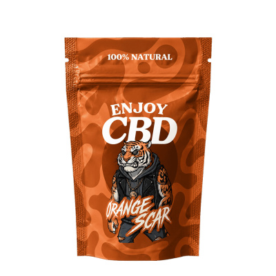 Embalagem laranja de plástico com ilustração de tigre e texto ENJOY CBD